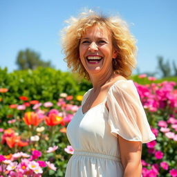 A woman in her late 30s with vibrant, curly blonde hair, laughing joyfully in a sunny park filled with blooming flowers of various colors