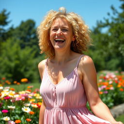 A woman in her late 30s with vibrant, curly blonde hair, laughing joyfully in a sunny park filled with blooming flowers of various colors