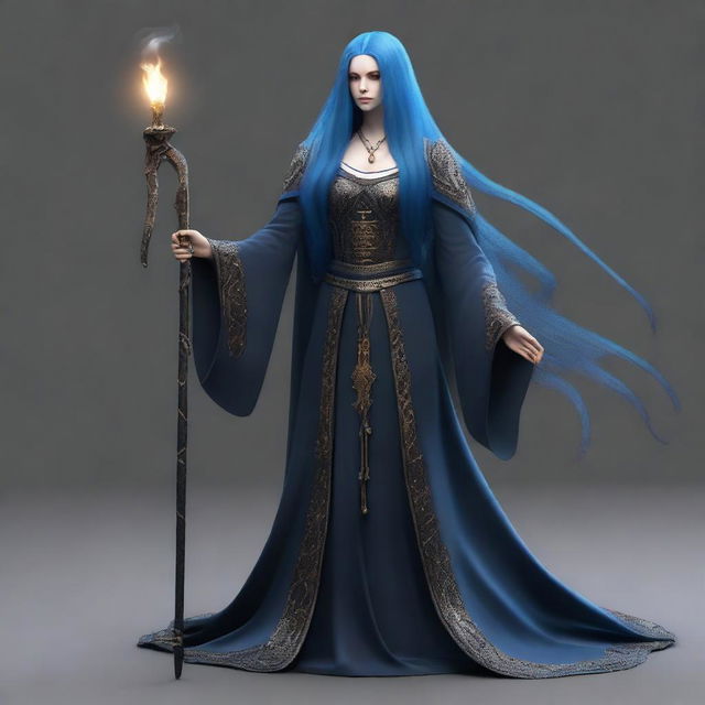 Generate a realistic image of a human woman with long, blue hair in goth style, who is a wizard, draped in dark, elaborate robes and brandishing a mystical staff