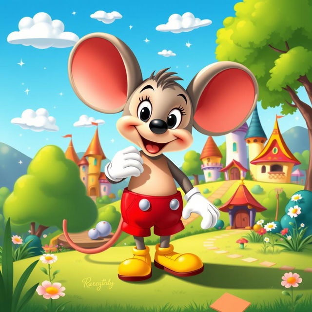 A whimsical and colorful scene featuring a cartoon mouse character, inspired by classic animations