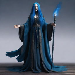 Generate a realistic image of a human woman with long, blue hair in goth style, who is a wizard, draped in dark, elaborate robes and brandishing a mystical staff