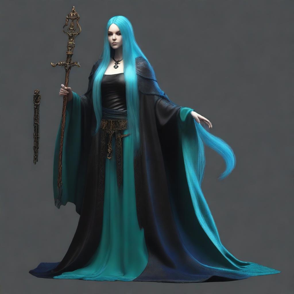 Generate a realistic image of a human woman with long, cyan hair in goth style, who is a wizard, draped in dark, elaborate robes and brandishing a mystical staff