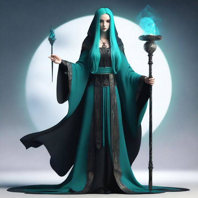 Generate a realistic image of a human woman with long, cyan hair in goth style, who is a wizard, draped in dark, elaborate robes and brandishing a mystical staff