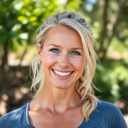 A 35-year-old woman with light blonde hair, minimal makeup, and a sporty figure