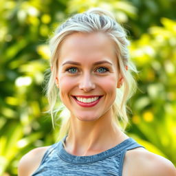 A 35-year-old woman with light blonde hair, minimal makeup, and a sporty figure