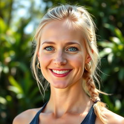 A 35-year-old woman with light blonde hair, minimal makeup, and a sporty figure