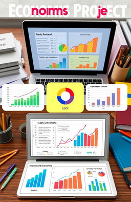 An engaging and informative visual representation of an economics project, featuring a variety of colorful charts and graphs illustrating economic concepts like supply and demand, inflation rates, and GDP growth
