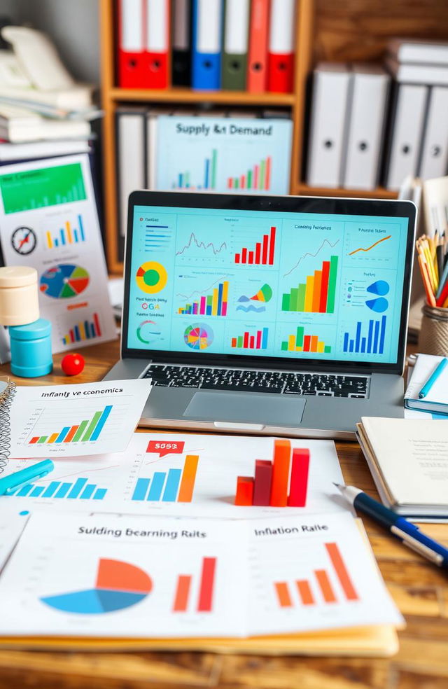 An engaging and informative visual representation of an economics project, featuring a variety of colorful charts and graphs illustrating economic concepts like supply and demand, inflation rates, and GDP growth