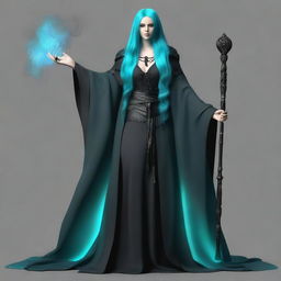 Generate a realistic image of a human woman with long, cyan hair in goth style, who is a wizard, draped in dark, elaborate robes and brandishing a mystical staff