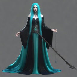 Generate a realistic image of a human woman with long, cyan hair in goth style, who is a wizard, draped in dark, elaborate robes and brandishing a mystical staff