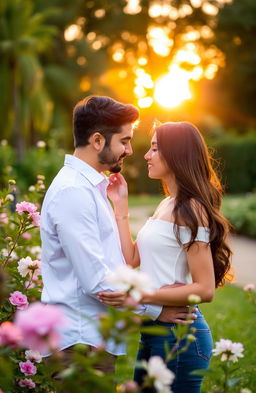 A serene and intimate moment between two people in a beautiful outdoor setting, surrounded by lush greenery and blooming flowers