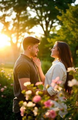 A serene and intimate moment between two people in a beautiful outdoor setting, surrounded by lush greenery and blooming flowers