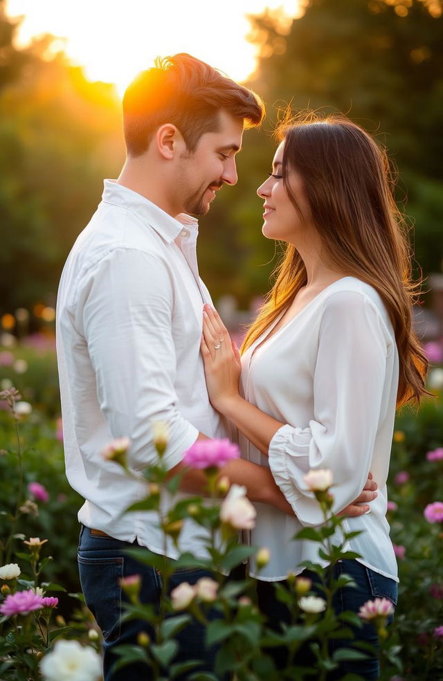 A serene and intimate moment between two people in a beautiful outdoor setting, surrounded by lush greenery and blooming flowers