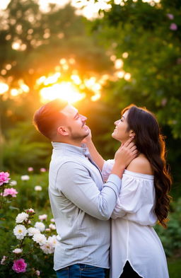 A serene and intimate moment between two people in a beautiful outdoor setting, surrounded by lush greenery and blooming flowers