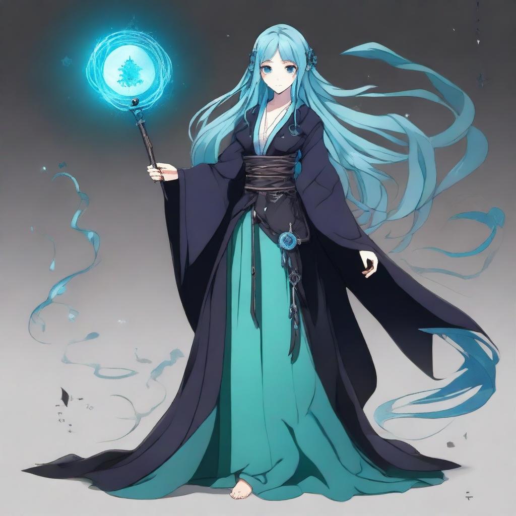 Generate an anime-style image of a human woman with long, cyan hair in goth fashion, who is a wizard