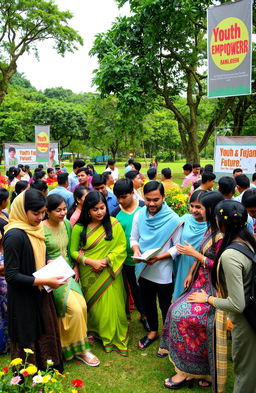 A vibrant youth gathering in Bangladesh, showcasing a variety of young people from different backgrounds engaging in creative discussions and activities
