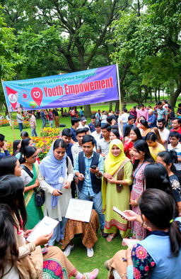 A vibrant youth gathering in Bangladesh, showcasing a variety of young people from different backgrounds engaging in creative discussions and activities