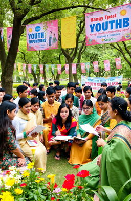 A vibrant youth gathering in Bangladesh, showcasing a variety of young people from different backgrounds engaging in creative discussions and activities