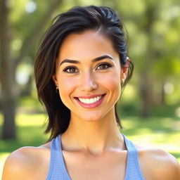 A 35-year-old woman with dark hair styled simply and minimal makeup, showcasing a fit athletic figure