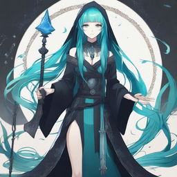 Generate an anime-style image of a human woman with long, cyan hair in goth fashion, who is a wizard