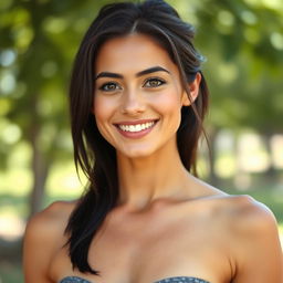A 35-year-old woman with dark hair styled simply and minimal makeup, showcasing a fit athletic figure