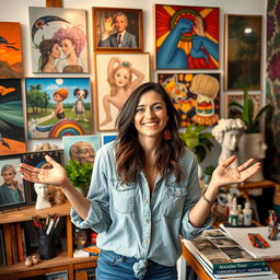 A vibrant and dynamic scene featuring a creative woman in her mid-30s, passionate about art and culture, surrounded by various forms of artistic expression such as paintings, sculptures, and colorful murals