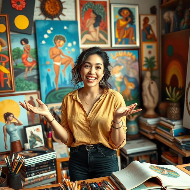 A vibrant and dynamic scene featuring a creative woman in her mid-30s, passionate about art and culture, surrounded by various forms of artistic expression such as paintings, sculptures, and colorful murals