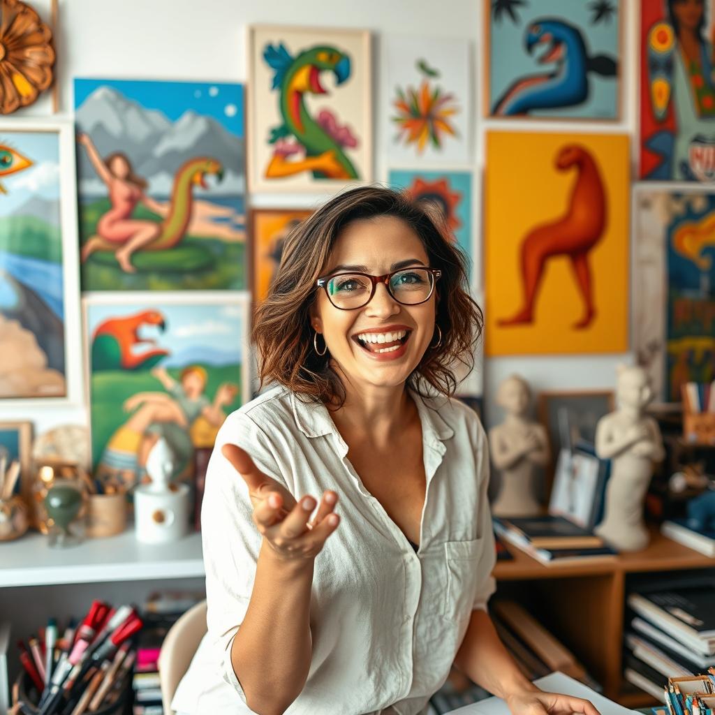 A vibrant and dynamic scene featuring a creative woman in her mid-30s, passionate about art and culture, surrounded by various forms of artistic expression such as paintings, sculptures, and colorful murals