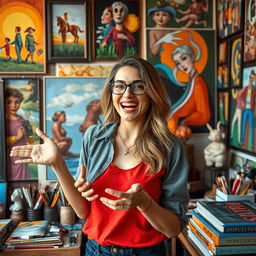 A vibrant and dynamic scene featuring a creative woman in her mid-30s, passionate about art and culture, surrounded by various forms of artistic expression such as paintings, sculptures, and colorful murals