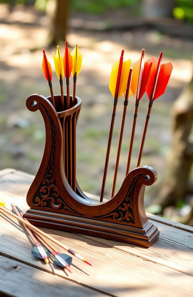 A beautifully designed arrow holder, crafted from rich mahogany wood with intricate carvings