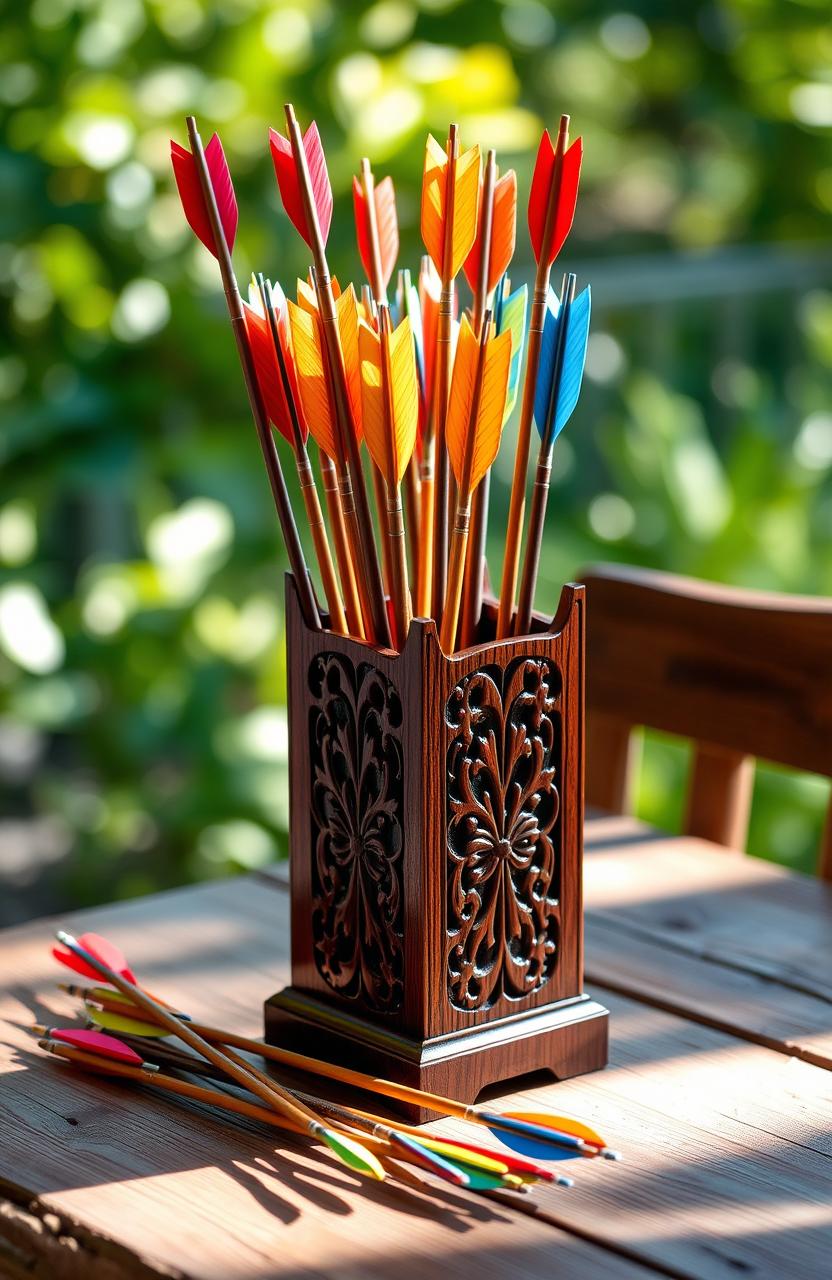 A beautifully designed arrow holder, crafted from rich mahogany wood with intricate carvings