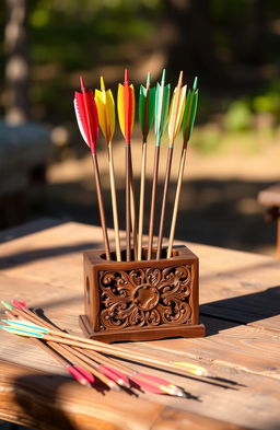 A beautifully designed arrow holder, crafted from rich mahogany wood with intricate carvings