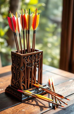 A beautifully designed arrow holder, crafted from rich mahogany wood with intricate carvings