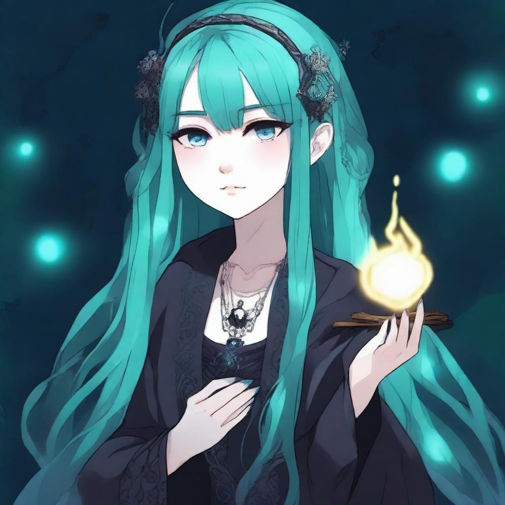 Generate an anime-style image of a human woman with long, cyan hair in goth fashion, who is a wizard