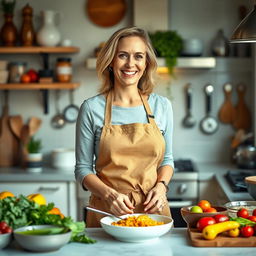 A cheerful woman in her early 40s, with an inviting smile, standing in a beautifully designed kitchen surrounded by an array of fresh ingredients, vibrant spices, and cooking utensils