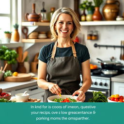 A cheerful woman in her early 40s, with an inviting smile, standing in a beautifully designed kitchen surrounded by an array of fresh ingredients, vibrant spices, and cooking utensils