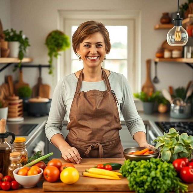 A cheerful woman in her early 40s, with an inviting smile, standing in a beautifully designed kitchen surrounded by an array of fresh ingredients, vibrant spices, and cooking utensils