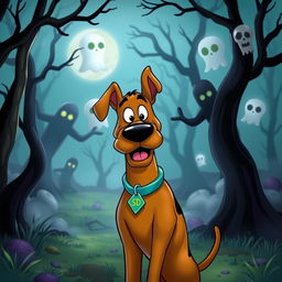 A whimsical and colorful scene featuring Scooby-Doo, the lovable Great Dane, with his signature brown fur and large expressive eyes