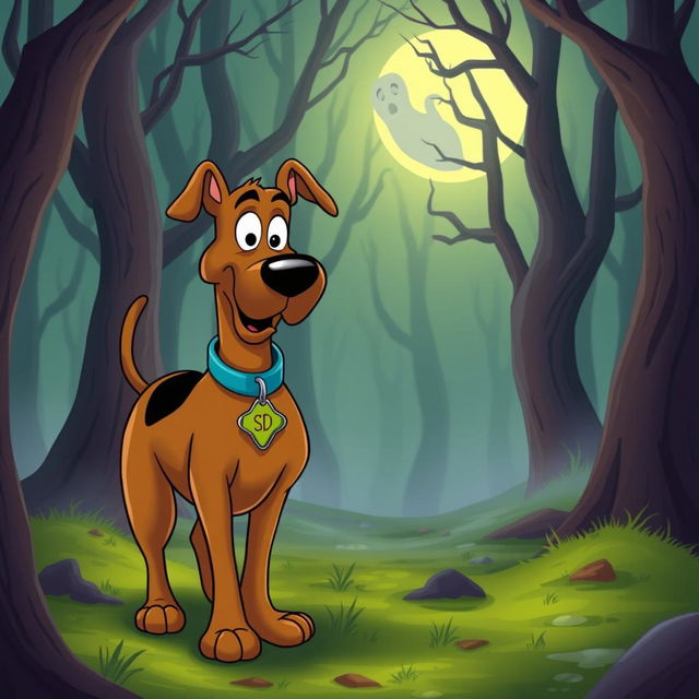 A whimsical and colorful scene featuring Scooby-Doo, the lovable Great Dane, with his signature brown fur and large expressive eyes