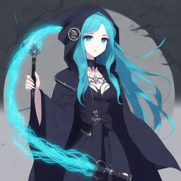 Generate an anime-style image of a human woman with long, cyan hair in goth fashion, who is a wizard