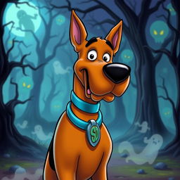 A whimsical and colorful scene featuring Scooby-Doo, the lovable Great Dane, with his signature brown fur and large expressive eyes