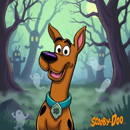 A whimsical and colorful scene featuring Scooby-Doo, the lovable Great Dane, with his signature brown fur and large expressive eyes
