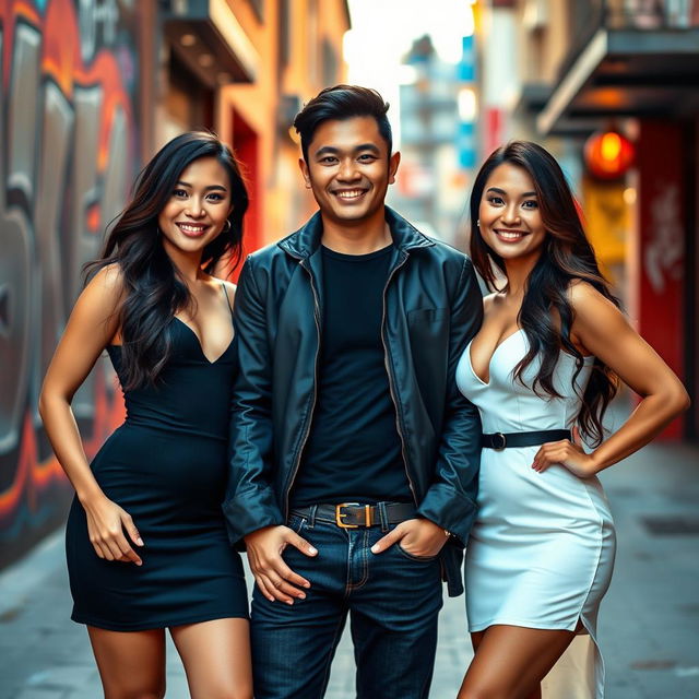 A handsome Asian man standing between two beautiful, sexy Asian women