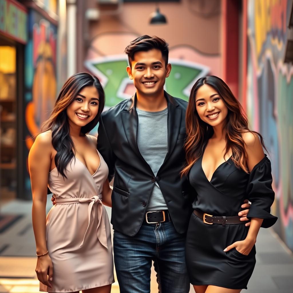 A handsome Asian man standing between two beautiful, sexy Asian women