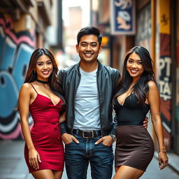 A handsome Asian man standing between two beautiful, sexy Asian women