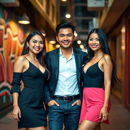 A handsome Asian man standing between two beautiful, sexy Asian women