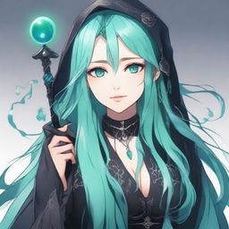 Generate a semi-realistic anime-style image of a human woman with long, cyan hair and water-green eyes, dressed in gothic fashion, who is a wizard