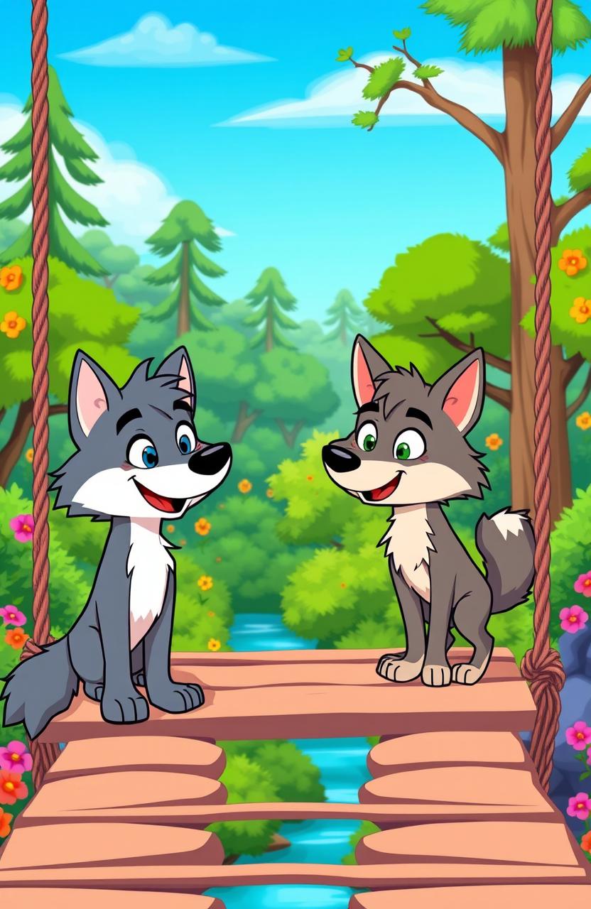 A vibrant cartoon scene featuring two cartoon wolves standing on a rope bridge