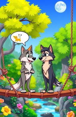 A vibrant cartoon scene featuring two cartoon wolves standing on a rope bridge