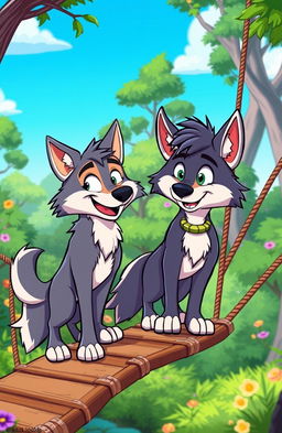 A vibrant cartoon scene featuring two cartoon wolves standing on a rope bridge